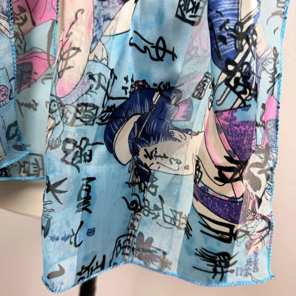 Space Age Blue Geisha Japanese Calligraphy Sheer Rectangle Scarf Made in Korea